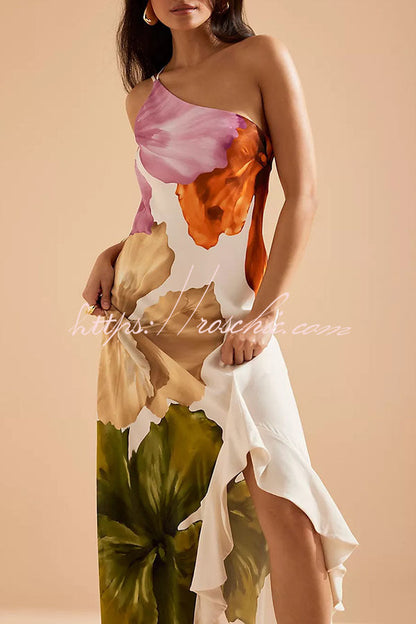 Love Filled Floral Print One Shoulder Side Ruffles Maxi Slip Dress