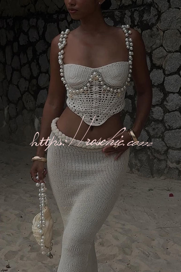 Mirina Hollow Crochet Knit Pearl Trim Heart Collar Crop Vacation Tank