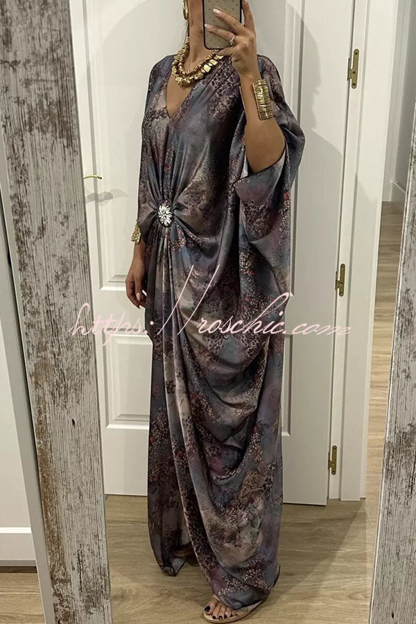 Airy Satin Unique Print V-neck Gemstone Embellished Drape Robe Maxi Dress