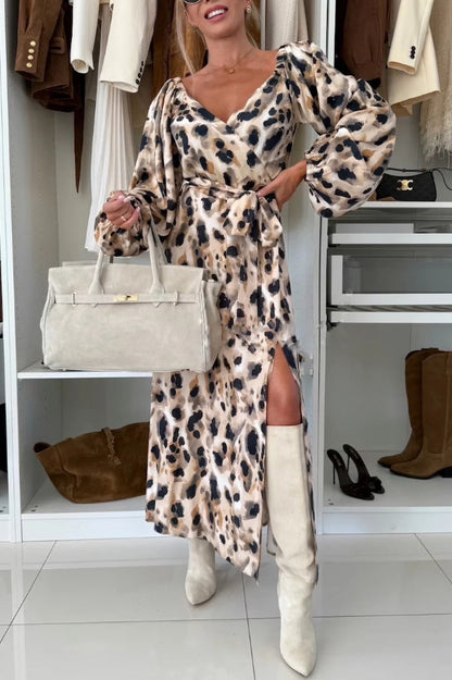 Unique Printed V-neck Long-sleeved Waist Tie Slit Maxi Dress