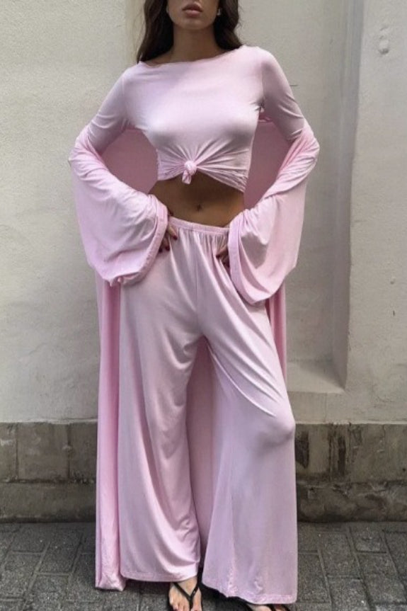 Conjunto de tres piezas de bata de manga larga fluida de punto sólido