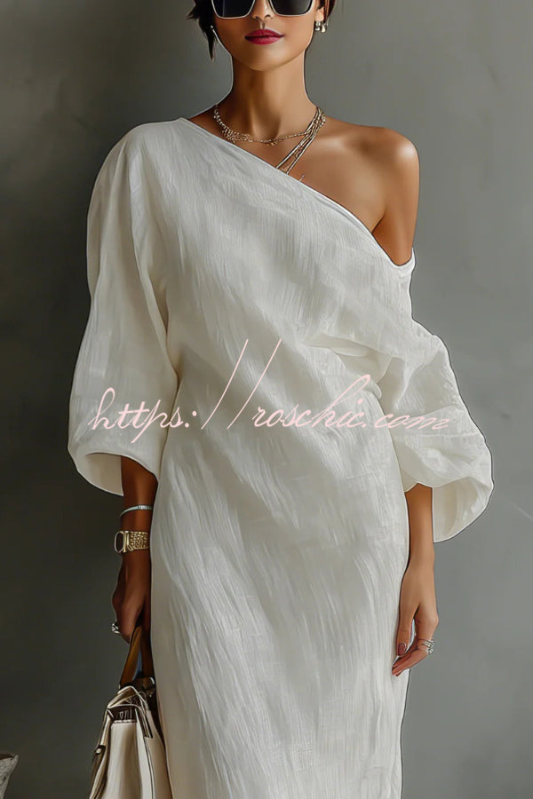 Linen Blend Loose-fitting One-shoulder Lantern Sleeve Casual Pocket Maxi Dress