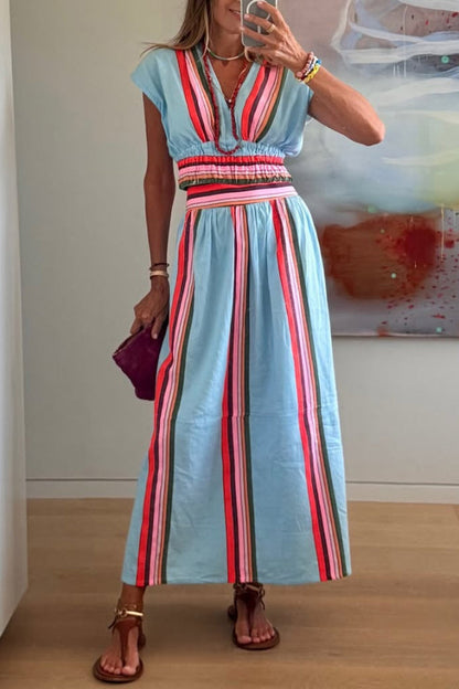 Stylish Striped Print V-neck Cropped Top and Elastic Waist Casual Maxi Skirt Set