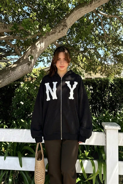 Embroidered Floral Print Zip Hoodie