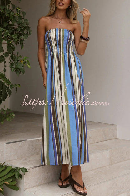 Color Striped Print Sleeveless Off-Shoulder Gathered Casual Maxi Dress