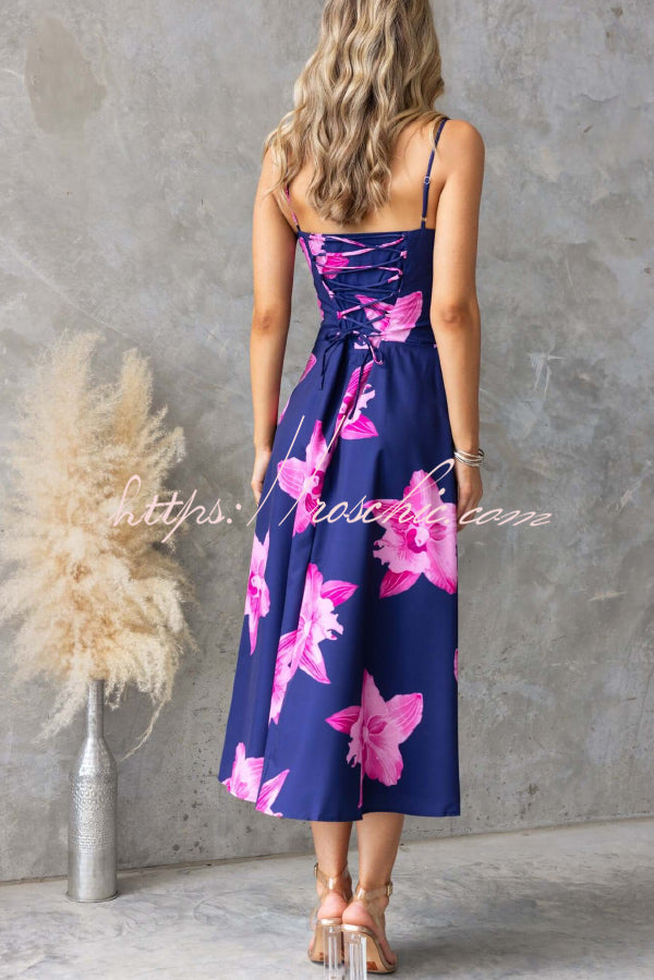 Floral Print Spaghetti Strap Backless Tie-up Elegant Slim-fit Midi Dress