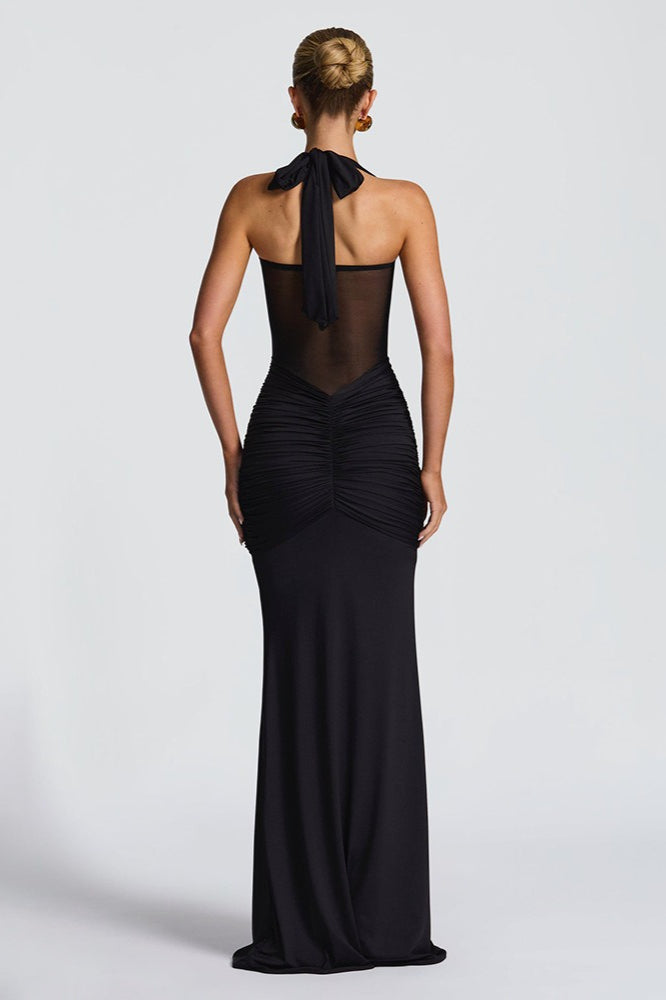 Vestido largo de fiesta de malla con tirantes finos