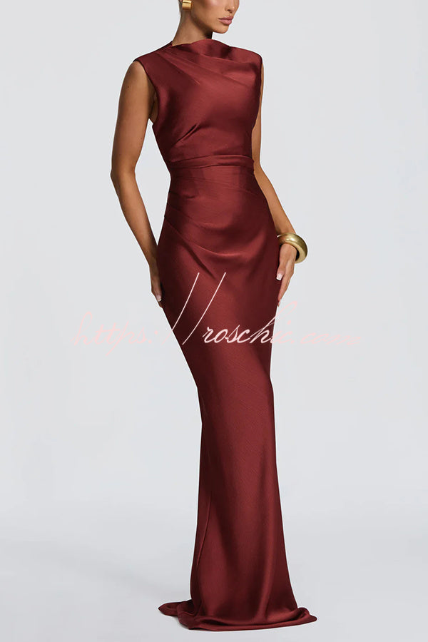 Avielle Satin High Neck Back Asymmetric Pleated Lace-up Drape Maxi Dress