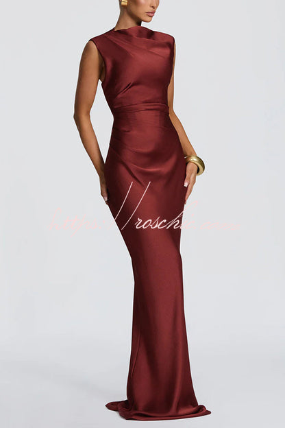 Avielle Satin High Neck Back Asymmetric Pleated Lace-up Drape Maxi Dress