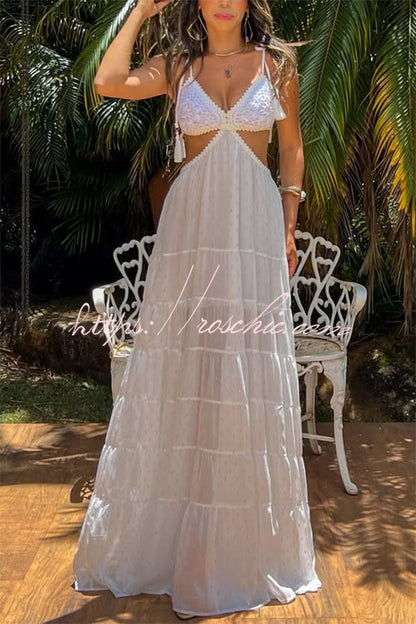 Soleil Crochet Tassel Shoulder Strap Cutout Waist Chiffon Polka Dot Vacation Maxi Dress