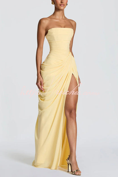 Cyra Back Lace-up Asymmetrical Pleats Strapless Slit Maxi Dress（Buy 2 Get Free Shipping）