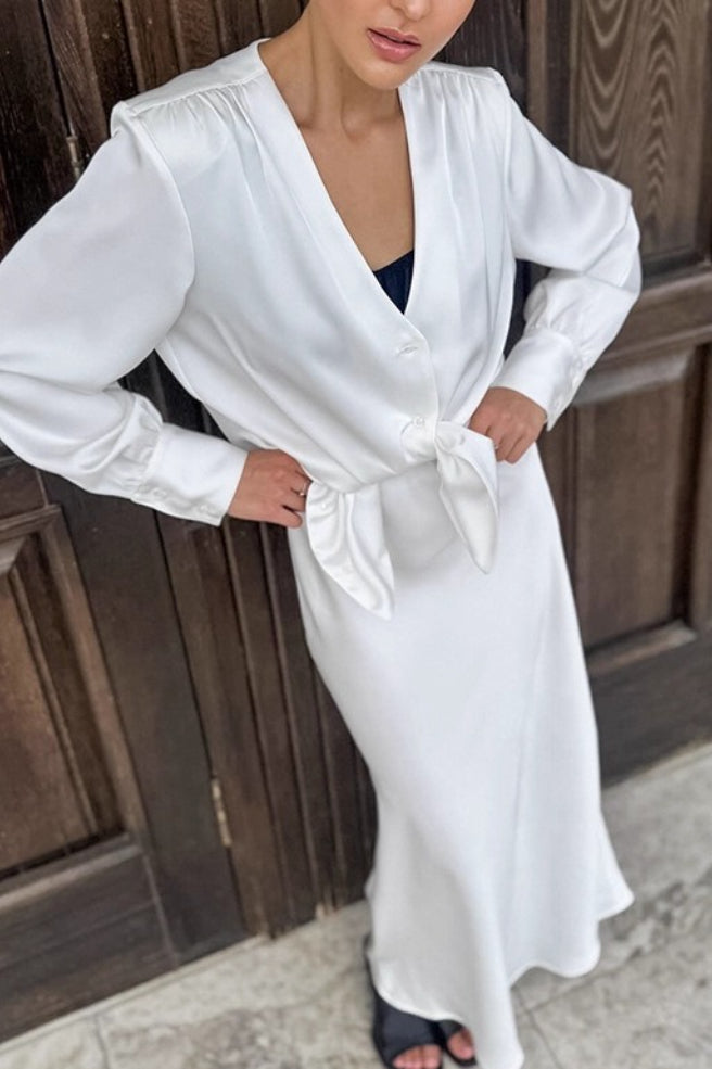 Conjunto de falda de manga larga y top con cuello de pico y lazo, tipo satén-acetato
