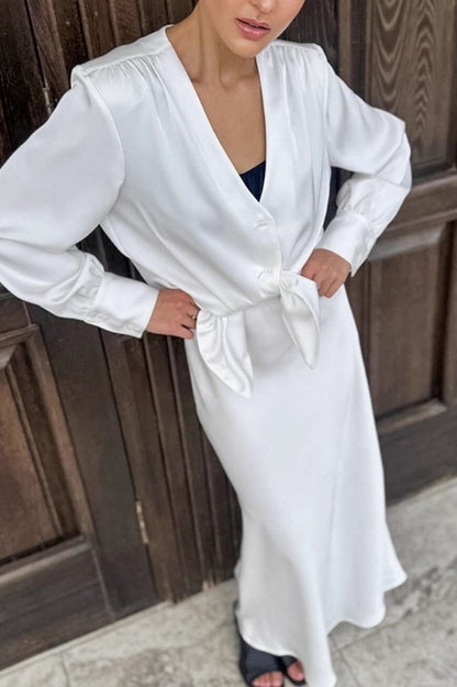 Conjunto de falda de manga larga y top con cuello de pico y lazo, tipo satén-acetato