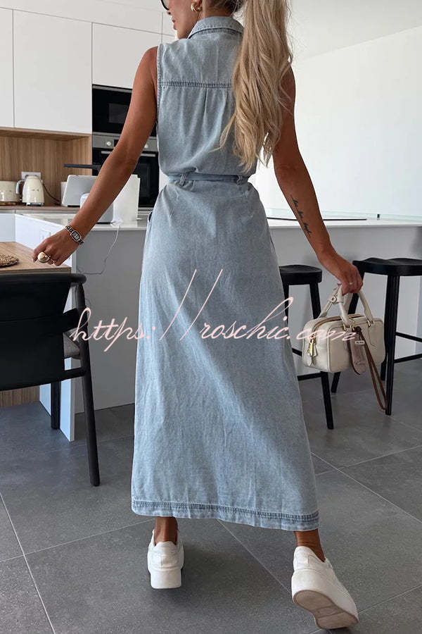 Solid Color Sleeveless Single Breasted Waist Tie Casual Pocket Denim Midi Dress