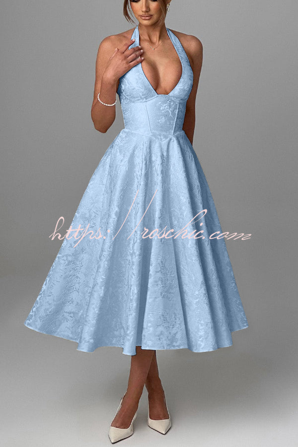 Stylish Jacquard Halter Neck Fitted Waist Open Back Elegant Midi Dress