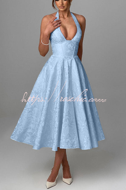 Stylish Jacquard Halter Neck Fitted Waist Open Back Elegant Midi Dress