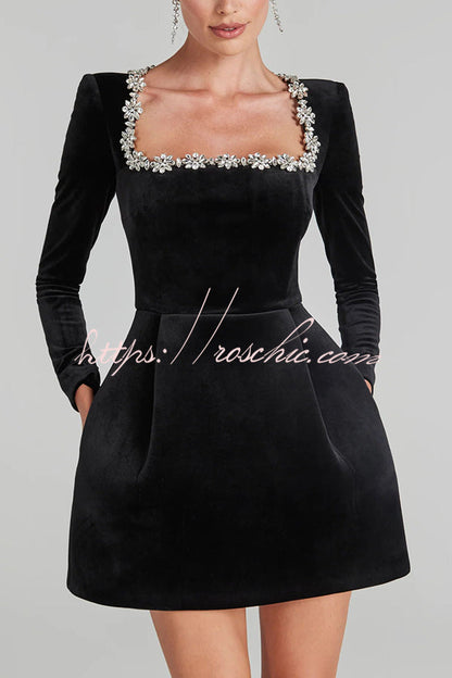 Endless Celebration Velvet Jewel Embellished Trim Long Sleeve Pocketed Mini Dress (Shipped Within 24 Hours)