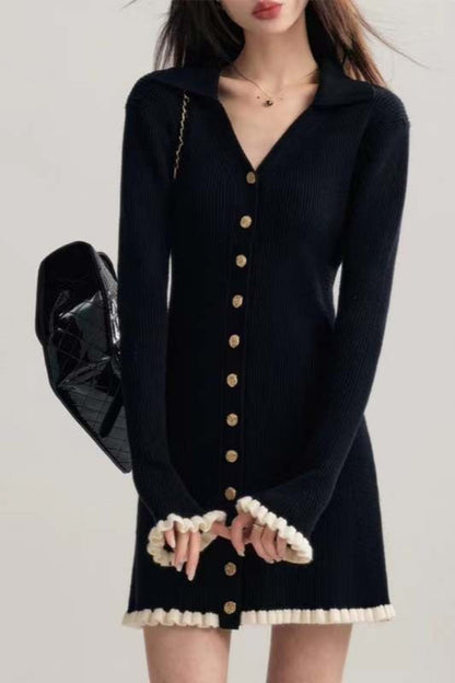 Vestido suéter negro con cuello en V de contraste