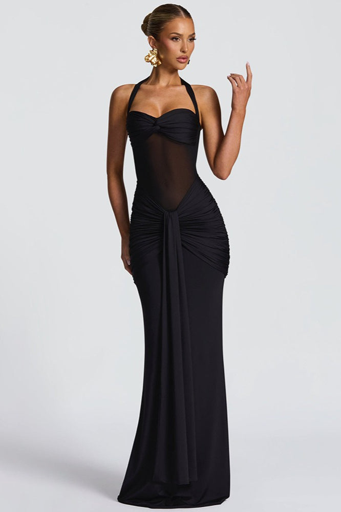 Vestido largo de fiesta de malla con tirantes finos