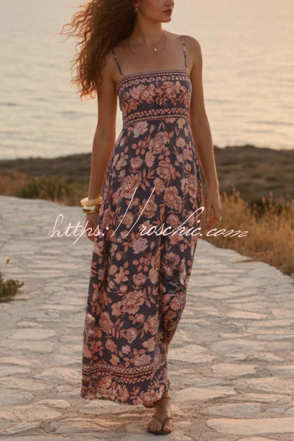 Floral Print Sleeveless Square Neck Backless Casual Vacation Maxi Dress