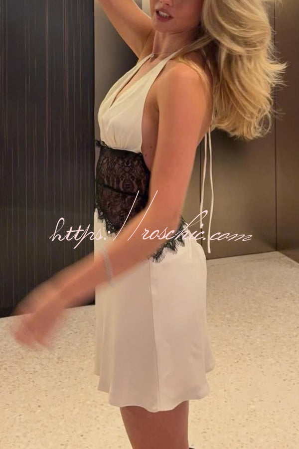 Fashionable Hollowed-out Lace Patchwork V-neck Backless Slim-fit Mini Dress