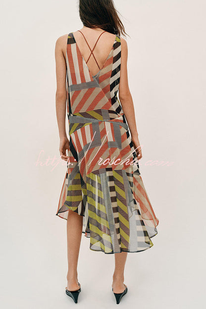 Khloe Patchwork Striped Color Block Print Wide Straps Asymmetric Hem Drape Midi Dress