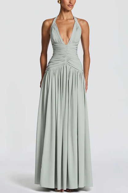 Amaris Halter Tie-up V-neck Ruched Detail Back Lace-up Slit Drape Maxi Dress