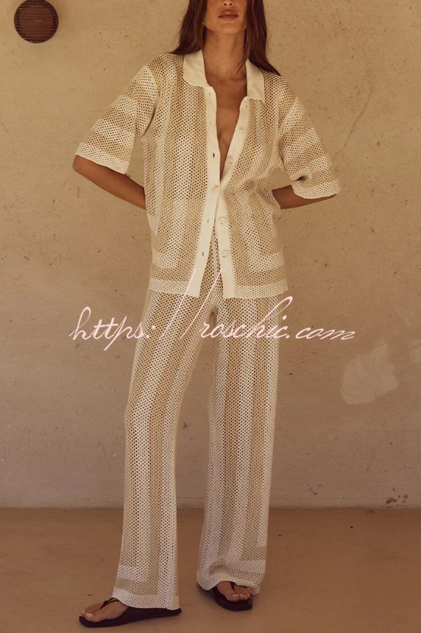 Stylish Knitted Collared Short-Sleeved Button-Up Top and Elastic Waist Casual Pants Cover-Up Set