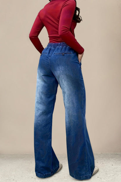 Stylish Elastic Waist Drawstring Pocket Casual Straight Wide-leg Jeans