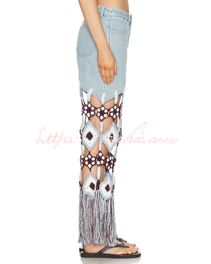 Belma Denim Handmade Embroidered Floral Crochet Detail Tassel Hem Pocket Jeans