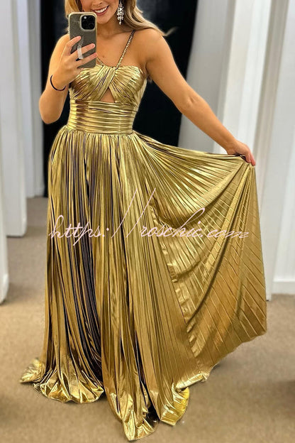 Queen Style Metallic Fabric Cross Neck Cutout Slit Pleated Maxi Dress (Shipped Within 24 Hours)