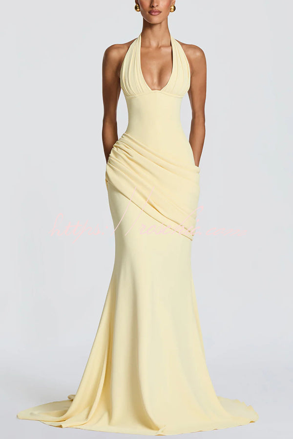 Nehemia Halter V-neck Back Lace-up Asymmetric Pleated Panel Drapes Maxi Dress