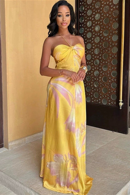Vestido maxi de playa sin espalda, sin tirantes y estampado
