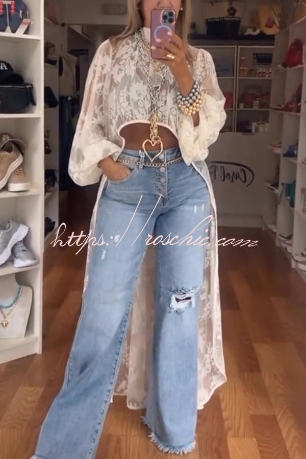 Tanya Lace Pattern Mock Neck Balloon Sleeve High Low Maxi Top