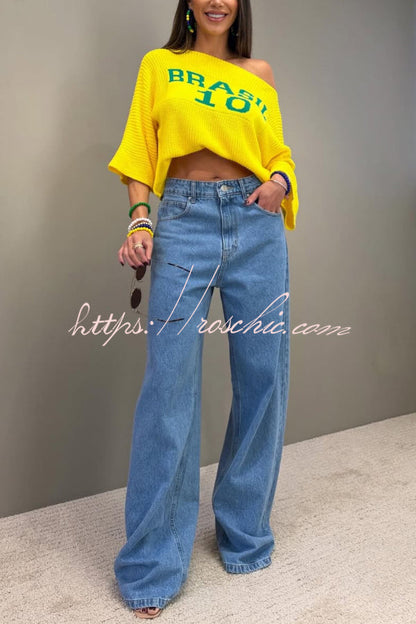 World Cup Letter Jacquard Loose-fitting Sloping Shoulders Cropped Knit Top