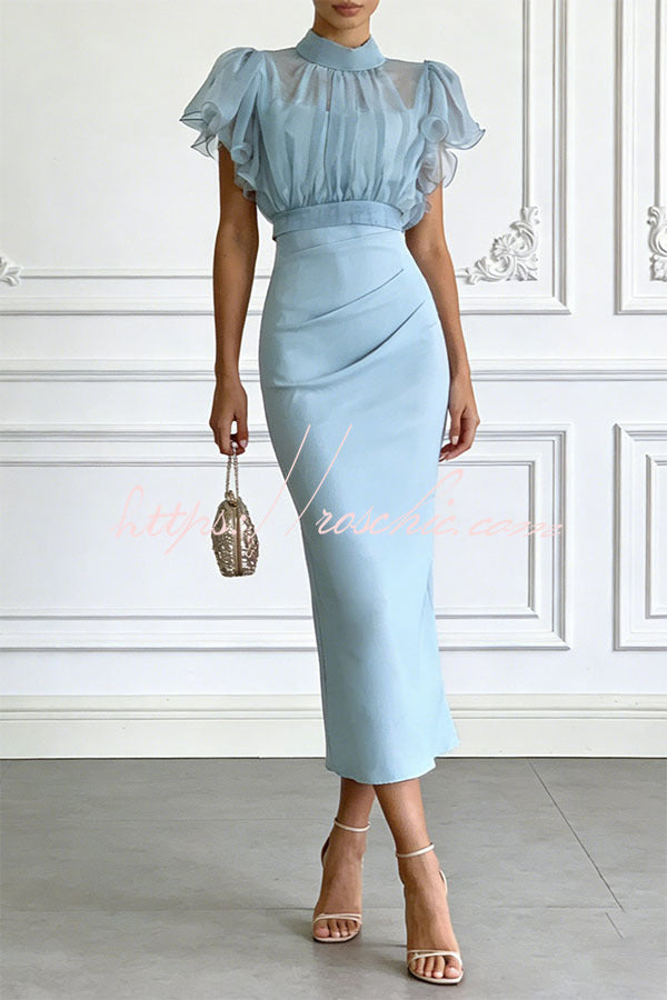 Sheer High-Neck Ruffle Sleeve Back Tie-up Top and Slip Ruched Midi Dress Two Pieces Set
