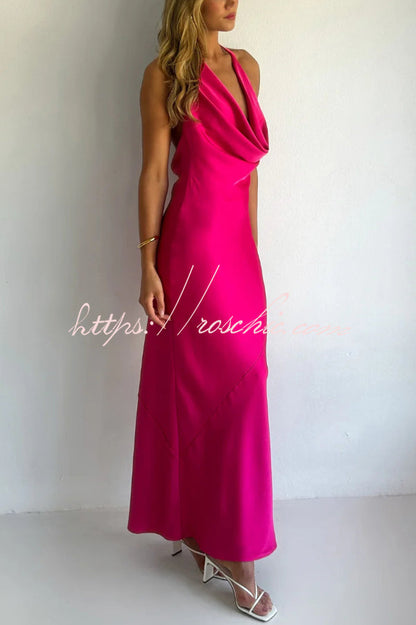Solid Color Halter Neck Tie Backless Slim Fit Drape Maxi Dress