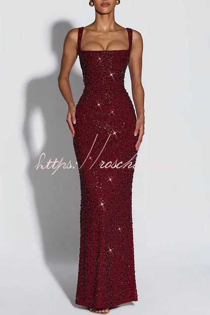 Calanthe Sequin Embellished Chiffon Ruched Square Neck Back Lace-up Maxi Dress