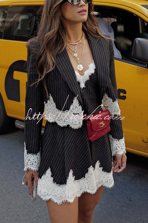 Emily in Paris Striped Lace Trim Lapel Crop Loose Blazer (Shipped Within 24 Hours)