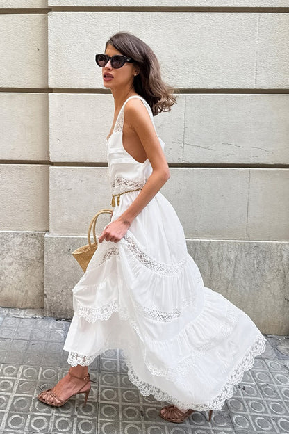 Vestido maxi bohemio suelto con volantes y retazos de encaje