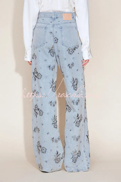 Jhenie Denim Beaded Sequin Floral Pattern Mid Rise Pocket Wide Leg Jeans