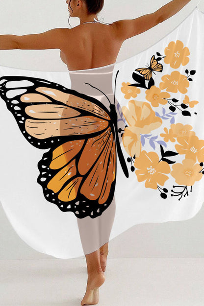 Fashionable Color-blocked Butterfly Print Sheer Cover-up Midi Dress