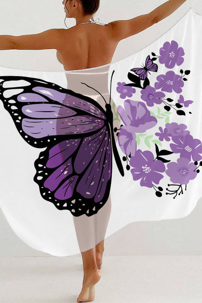 Fashionable Color-blocked Butterfly Print Sheer Cover-up Midi Dress