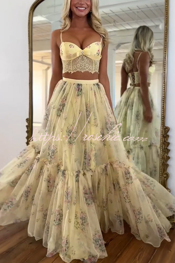 Vita Floral Satin Bow Lace Back Lace-up Crop Tank and Tulle High Rise A-line Maxi Skirt Set