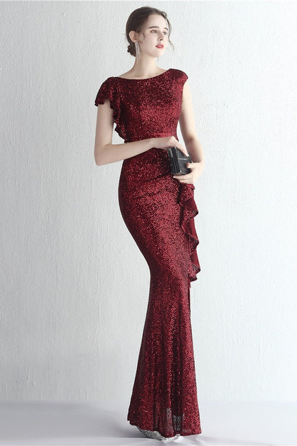 Vestido de gala de sirena con purpurina, cuello alto y abertura