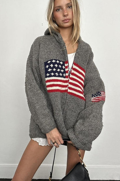 Sudadera con capucha y cremallera de punto con gráfico de bandera chic
