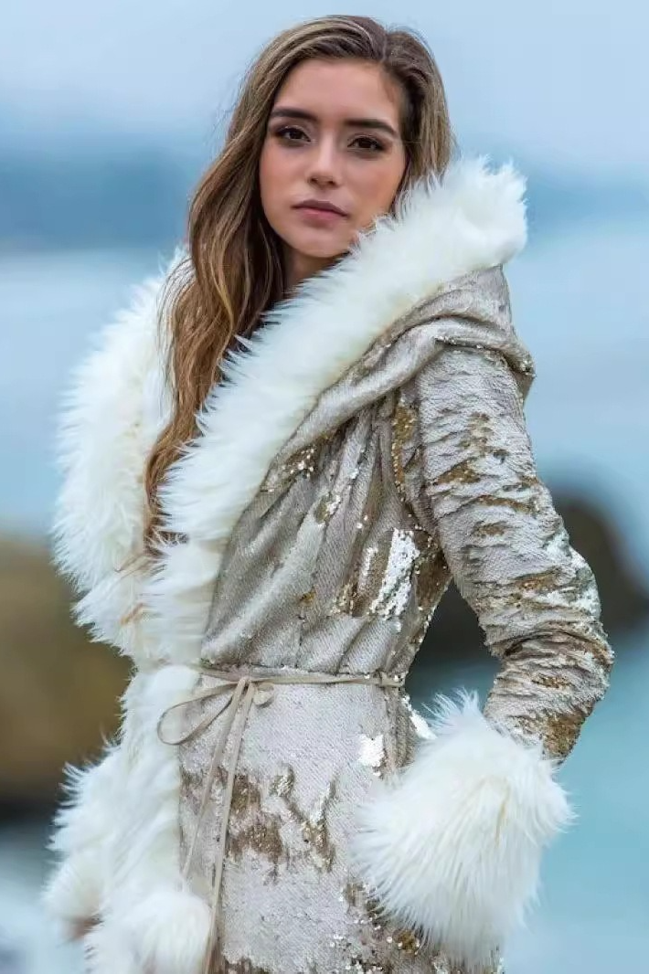 Faux Fur Sequin Hooded Cosplay Party Overcoat