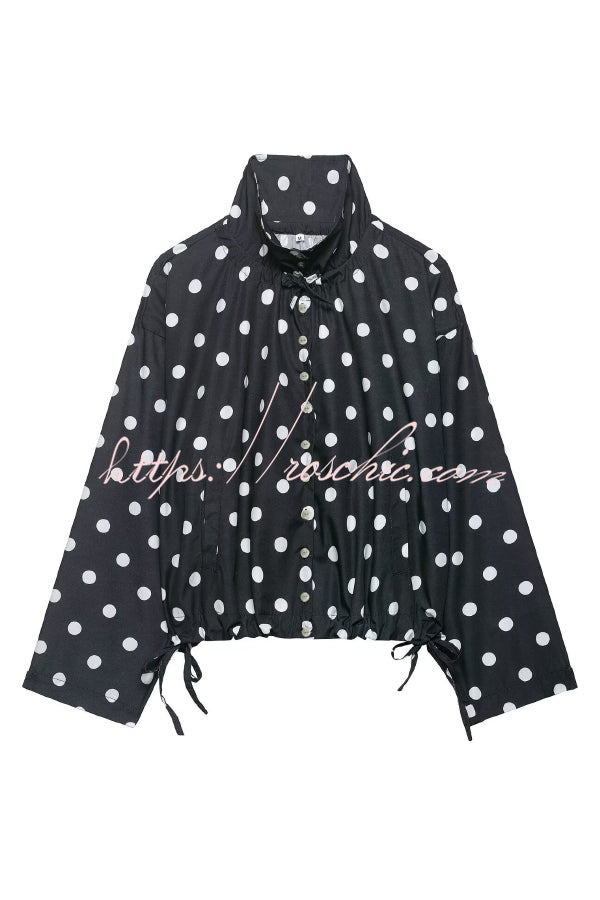 Polka Dot Print Loose Stand Collar Button Bow Tie Casual Long-sleeved Jacket