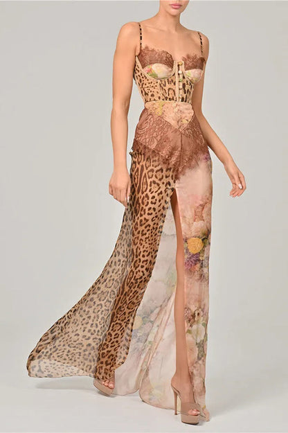 Chiffon Leopard Print Sexy Lace Splicing High Slit Slim Maxi Dress