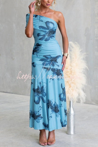 Floral Print Elegant Mesh Off-shoulder Fitted Maxi Dress